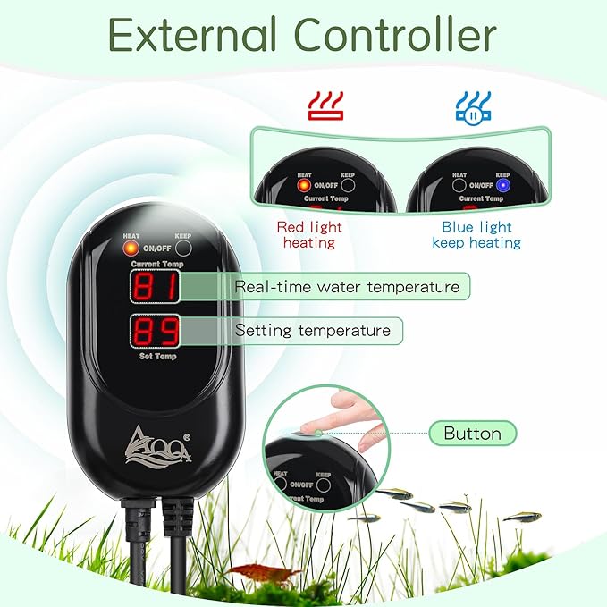 AQQA Fish Tank Heater,Aquarium Heater 50W 150W 250W 400W 500W 800W for 3-220 Gal,Set Temperature 59℉-93℉ Temperature Accuracy,Out of Water or High Temperature Automatic Power Off (250W to 30-50 gal)