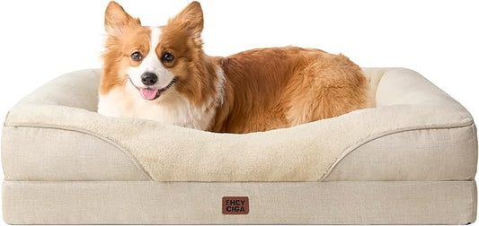EHEYCIGA Memory Foam Dog Bed for Medium Size, Orthopedic Dog Sofa with Sides and Waterproof Liner, Washable Bolster Pet Couch with Removable Cover, 35x22x6.5 Inch, Beige