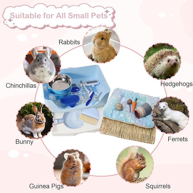 25 Pcs Large Rabbit Starter Kit, Bunny Litter Box with Drawer Animal Grooming Kit Stacking Cups Bowl Blankets Mat with Cleaning Set for Adult Guinea Pig, Ferret, Hamster, Bunnies Accessories (Blue)