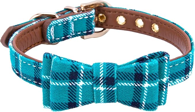 Puppy Collars for Small Dogs - StrawberryEC Adjustable Puppy Id Buckle Collar Leather. Cute Plaid Bandana Dog Collar (Bow-Peacock Green)
