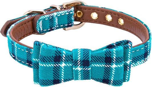 Puppy Collars for Small Dogs - StrawberryEC Adjustable Puppy Id Buckle Collar Leather. Cute Plaid Bandana Dog Collar (Bow-Peacock Green)