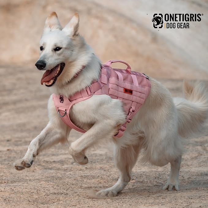 OneTigris Tactical Dog Harness for Small Dog, No Pull Small Dog Vest Harness with Handles Breathable Military Molle Vests for Walking Hiking Training (Pink, Large)