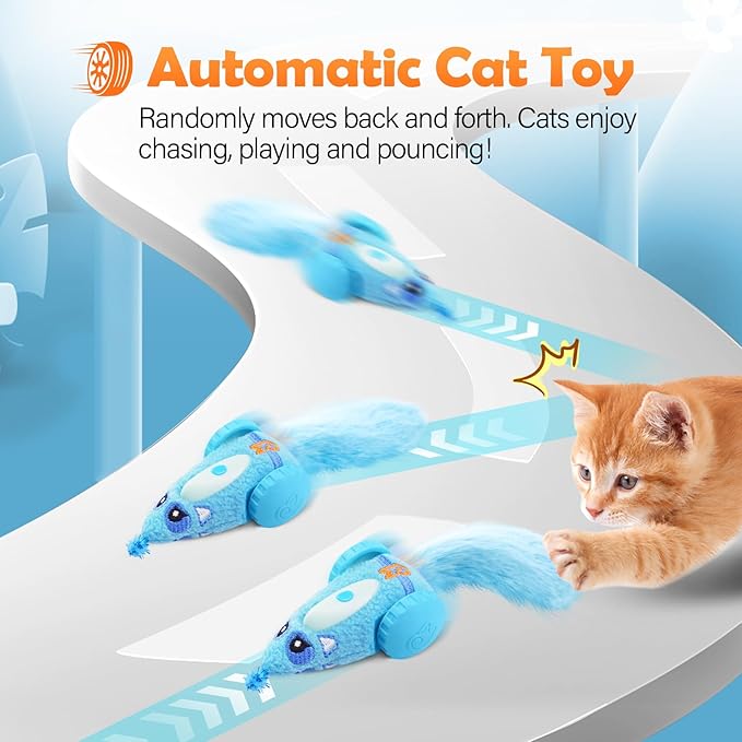 Migipaws Automatic Cat Toys, Plush Cat Mouse Toy, Interactive Toy for Indoor Cats, Smart Moving Kitten Toy, Rechargeable (Blue)