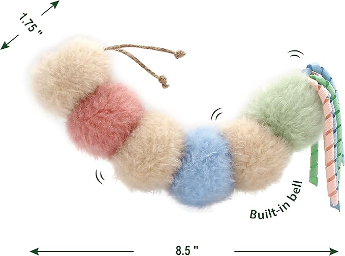 Interactive Natural Catnip Kicker, with Rattle and Ribbon, Bite Resistant, for All Ages Indoor Cat, Soft Caterpillar Kicker, Fluffy Kitten Toy