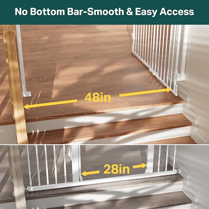 Cumbor 34" Extra Tall No Bottom Bar Baby Gate for Stairs, Auto Close Dog Gate Indoor for Larger Pets, 31.6-48" Hardware Mounted Safety Gate for Doorways, Wide Walk Thru Door for Easy Access (White)