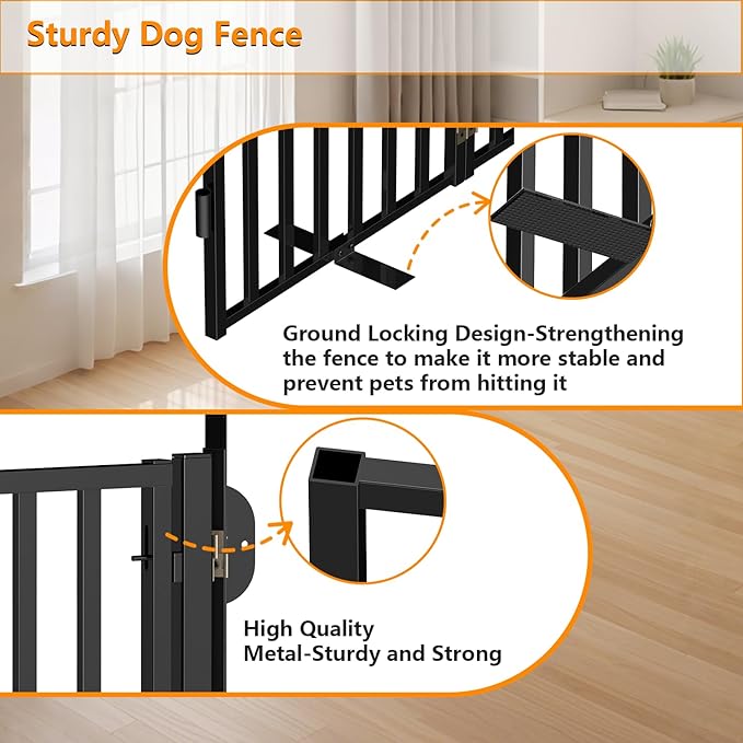 Portable Dog Fence with Door for Indoor Outdoor Use, Free Standing Dog Gate Foldable Design, Metal Black 32" Tall, Expandable 6 Panels Use for Yard, Stairs, Front