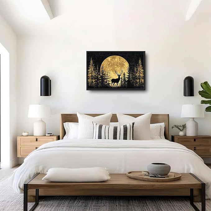Large Moon Forest Deer Wall Art for Living Room, Black Deer Canvas Oversized Wall Decor, Elk Animal Aesthetics Framed Pictures Painting Print Artwork for Bedroom Office 36L" x 24W"