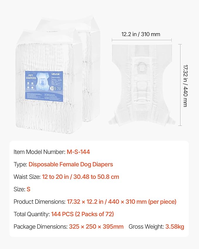VEVOR Disposable Dog Diapers, Super Absorbent Female Dog Diapers, 360° Leak-Proof Female Doggy Pet Diaper with Wetness Indicator for Heat Period, Training, Incontinence - XS, 144 Count (2 Packs of 72)