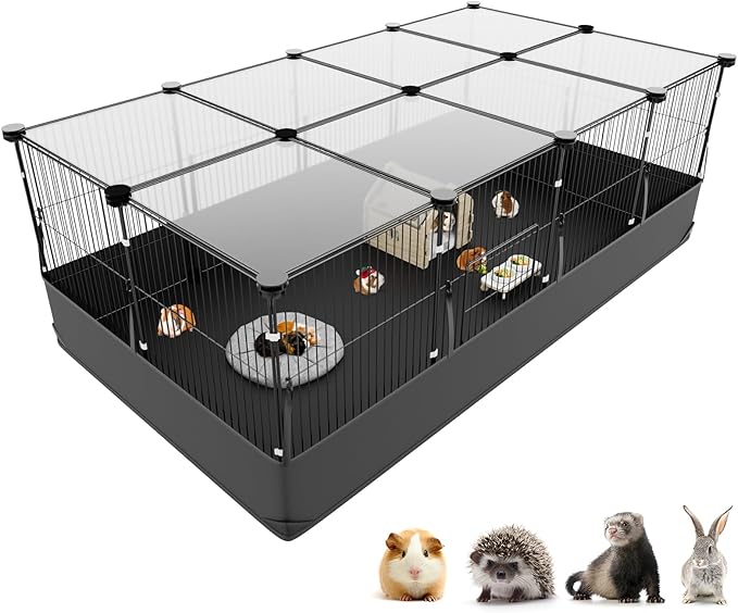 Tresbro Guinea Pig Cage with Top Cover & 12 Panels, Triple Fixing Measures Small Animal Playpen with Waterproof PVC Liner & One-Motion Hooks, 48 x 24 x 16 C&C Grids Cage for Bunny, Hedgehog, Hamster