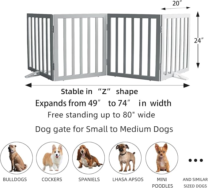 ZJSF Freestanding Indoor Dog Gate for House Foldable Wood Puppy Gate for Doorways Pet Gate for Stairs Extra Wide Pet Fence, Grey, 24" Height 4 Panels