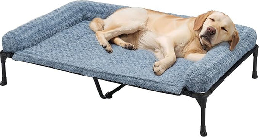 Veehoo Cooling Elevated Dog Bed Add Removable Deluxe Rose Plush Bolster Cushion Mat, 47" x 29" Washable Dog Couch Bed, Raised Pet Cot with Breathable Teslin Mesh, No-Slip Feet, Haze Blue, CWC2439B