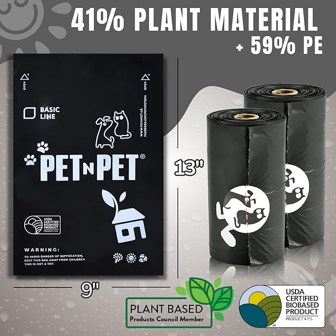 Pet N Pet 1080 Counts Black Poop Bags for Dogs, 41% Plant Based & 59% PE Extra Thick Dog Poop Bags Rolls, 9" x 13", Unscented Pet Waste Bag