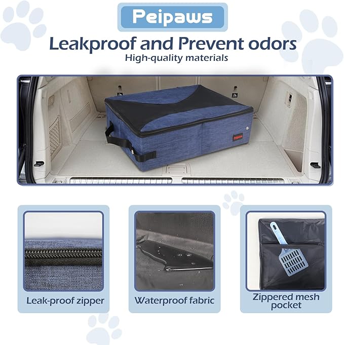Portable Cat Travel Litter Box. Zipped Lid, Collapsible Litter Box for Cats. No Leakage, No Smell. Easy to Carry. Used for Hotels, Camping, Car (Blue,M)
