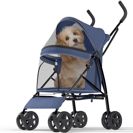 Pet Stroller with 4 Wheels for Small/Medium Pets, Portable Travel Foldable Carrier Jogger for Dog Cat Puppy Kitty, Rear Wheel Breaks, Storage Basket, Visible Mesh Weather Cover (Navy Blue)
