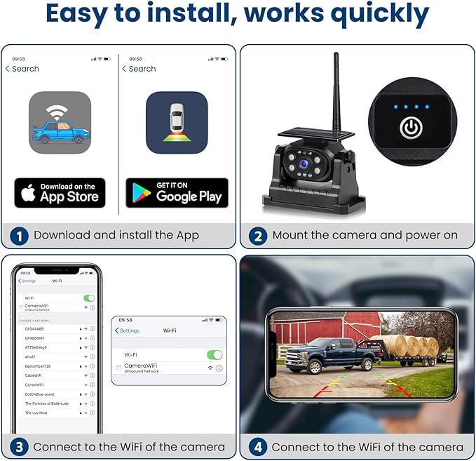 Hikity Wireless Backup Camera Solar Magnetic WiFi, HD 1080P Rechargeable Rear View Camera for Truck/Trailer/RV/Camper, IP68 Waterproof Reverse Camera, Clear Nigh Version, Wide Angle