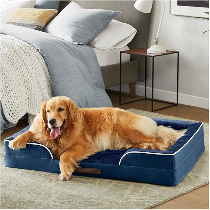 Friends Forever Orthopedic Dog Bed, Bolster Dog Bed with Memory Foam Pet Couch Sofa and Removable Washable Cover, Ally Navy, 42x32x7