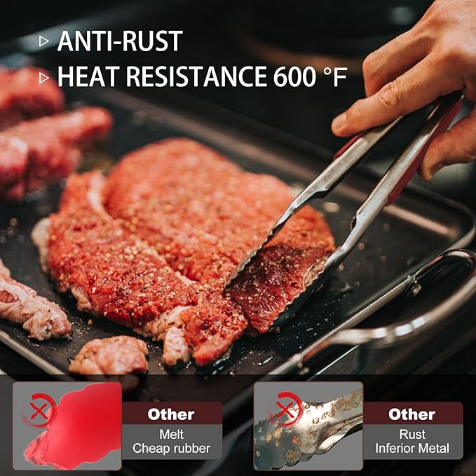 Tongs For Cooking - 7",9" and 12 inch Kitchen Tong Heat Resistant 600 Degrees Stainless Steel Tongs, Heavy Duty Metal Locking Tong, Perfect for Food, BBQ Red Set of 3