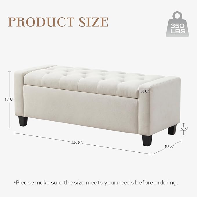 Ottoman with Storage, 48.8" Fabric Storage Ottoman Bench with Hinge, Bedroom Bench, Upholstered Benches with Seating for Living Room, Entryway (Beige)