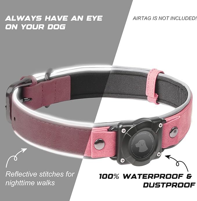 AirTag Dog Collar - Leather Dog Collar with Air Tag Holder | IPX8 Waterproof, Reflective, High - End, Adjustable Soft Padded | Dog GPS Tracker Collars Fit for Medium Large Dogs (Pink, M(12.5"-17.3"))
