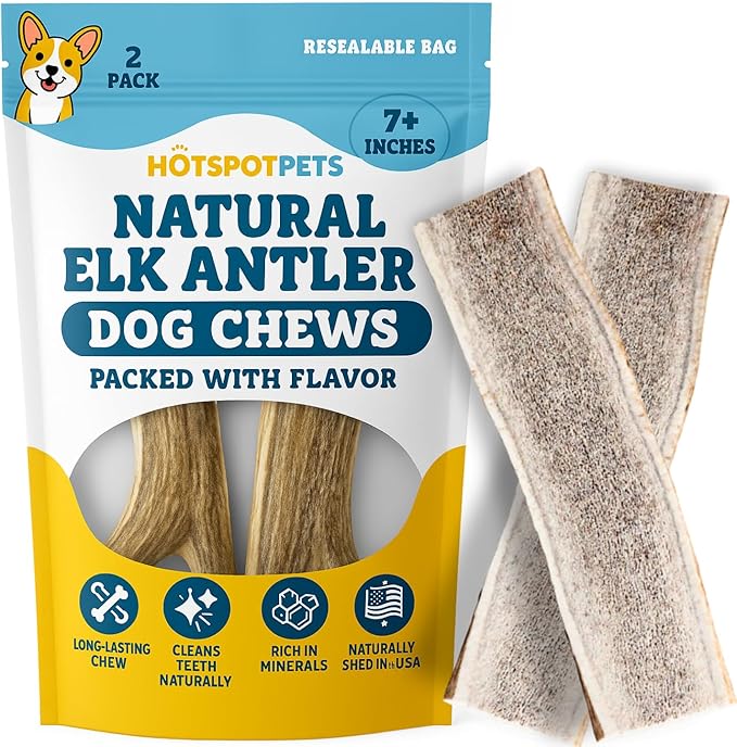 hotspot pets Premium Split Elk Antlers for Dogs - 7 Inch Large Dog Chews (2 Pack) Made in USA -Naturally Shed Antler Bone for Large Breed Aggressive Chewers -Promotes Natural Dental Hygiene