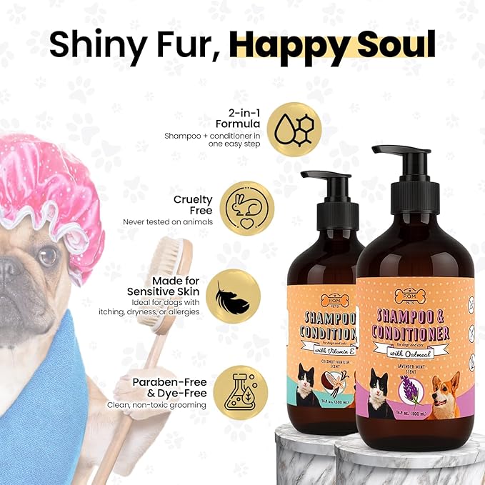 POM Pets 2 Pack 2-in-1 Organic Dog Shampoo & Conditioner – Itchy Skin Relief, Dog Deshedding, Detangles Fur, Cat Shampoo, Paw Cleaner for Dogs, Natural Coat Defense Formula
