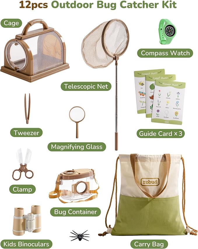 ROBUD Upgraded Kids Explorer Kit, Bug Catcher Kit with Wild Adventure Binoculars, Green Outdoor Exploration Set for Camping, Montessroi Toy for Kids Coming Closer to Nature，WRP30