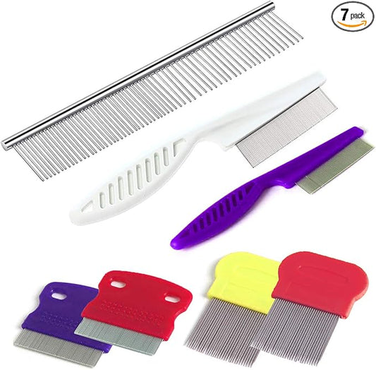 7 Pcs Pet Dog Grooming Comb, Metal Head Comb for Long Hair, Dog Tear Stain Remover Combs, Hair Combs Remover for Dogs Cats, Pet Grooming Tool Removes Crust, Mucus and Stains - 5 Types