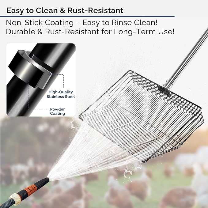 15" Extra-Wide Chicken Poop Scooper – Ergonomic Adjustable Handle (24-70in), Stainless Steel Sifting Shovel Deep Litter Cleaning for Chicken Coops, Goat - Chicken Coop Scoop for Sand, Straw, Hemp
