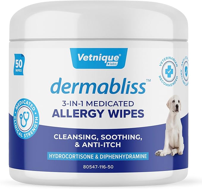 Vetnique Dermabliss 3-in-1 Medicated Dog Wipes - Relief for Itchy Skin, Allergies & Odor Control, Gentle No-Sting Formula, Antihistamine & Hydrocortisone Paw Wipes for Dogs & Cats 50 Count