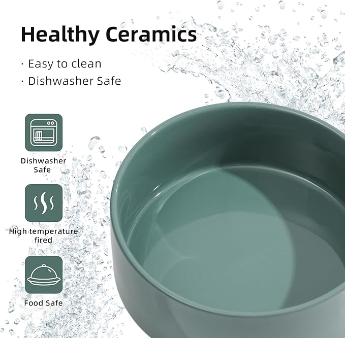 Ceramic Elevated Dog Bowls, Food and Water Bowls for Dogs, Puppy, Raised Dog Dish, Pet Feeder(6inch, 2 x Dark Green + Stand)