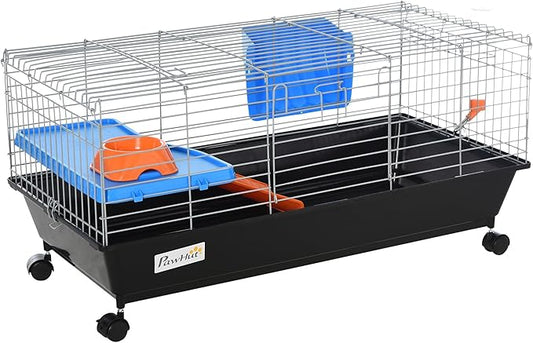 PawHut 35" L Small Animal Cage, Rolling Bunny Cage, Guinea Pig Cage with Food Dish, Water Bottle, Hay Feeder, Platform, Ramp for Chinchilla, Black
