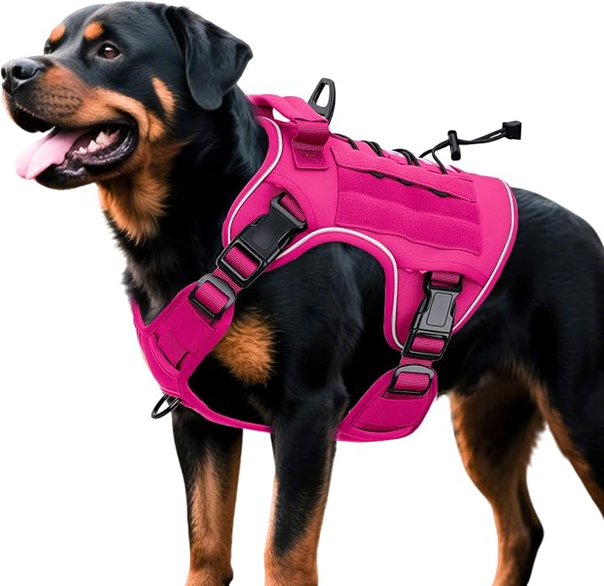 Heavy-Duty Tactical Dog Harness for Large Dogs, No Pull Adjustable Reflective Pet Vest with Molle System, K9 Military-Grade Control for Service Training, Outdoor & 10+ Breeds, Hot Pink, XX-Large