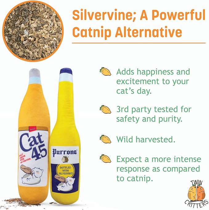 KittiForti 2-Pack Organic Silvervine Catnip Substitute Toys for Cats & Kittens | 100% All-Natural Wild Harvested Silvervine | 2 Refillable Beer Bottle Kicker Cat Toys
