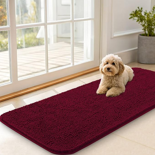 OLANLY Dog Door Mat for Muddy Paws 47x20, Absorbs Moisture and Dirt, Absorbent Non-Slip Washable Doormat, Quick Dry Chenille Mud Mat for Dogs, Entry Indoor Entryway Carpet for Inside Floor, Burgundy