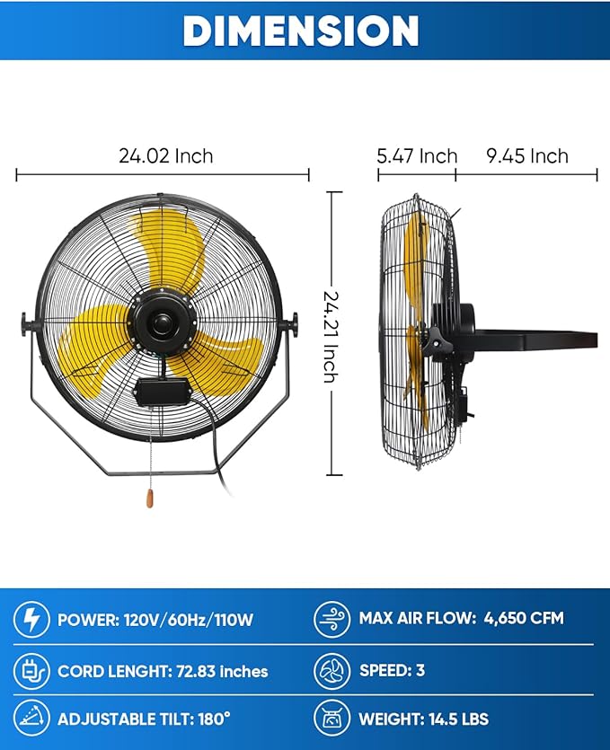 KEN BROWN 20 Inch Outdoor Wall Mount Fan, 3-speed IPX4 Waterproof, Max. 4,650 CFM Wall Mounted Fan for Outdoor, Commercial, Residential, Greenhouse, Workshop, Patio, Black, ETL Listed