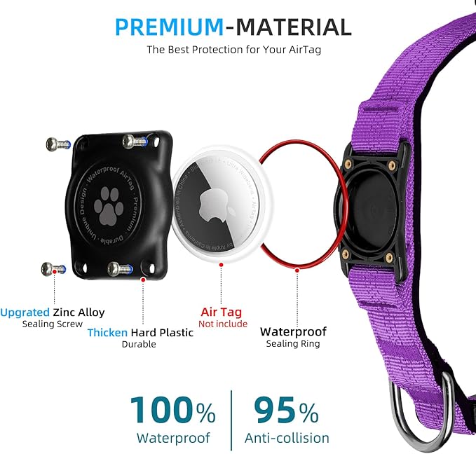 Upgraded AirTag Dog Collar, IP68 Waterproof Air Tag Dog Collar Holder, Reflective, Ultra-Durable, Comfortable Padded, Heavy Duty Dog Collars for Small Medium Large Dogs (XS (10.25"-13"), Purple)