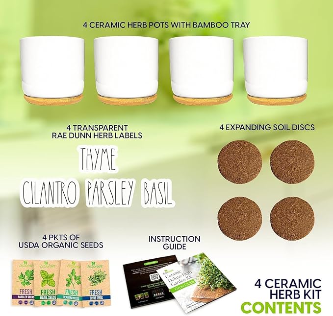 Deluxe Ceramic Indoor Herb Kit 4 Set. Variety Herbs for Indoor & Outdoor – Get Growing with Pots, Potting Soil for Window Herb Garden. (Ceramic Edition)