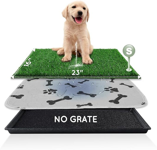 Dog Grass Pad with Tray Small 23" x 16", Ultra-Absorbent Artificial Grass Pad for Dogs Potty(No Grate)Grass Hemmed Edge for Indoor Potty Training Reusable Puppy Pads Dog Litter Box Balcony