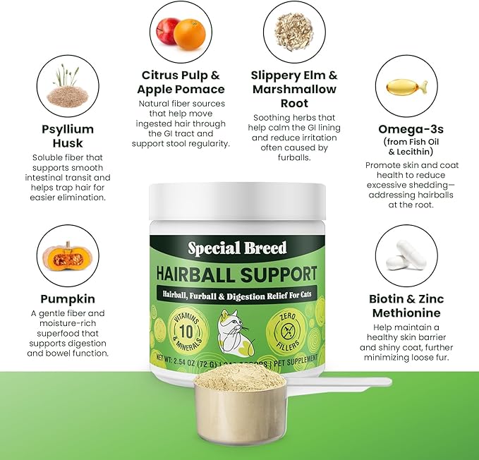Hairball Support for Cats - 10 Super Ingredients for Hairball Relief, Digestive Support & Healthy Skin - No Fillers - Psyllium, Pumpkin, Omega-3s & More - 240 Scoops