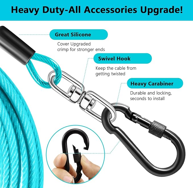 Dog Tie Out Cable 30FT-500Lbs,Heavy Duty Dog Leads Line for Yard with Swivel Hook,Medium Large Dogs Leash&Chains for Outside,Rust Chew Proof Dogs Run Cable for Outdoor Camping (Teal, 30FT)