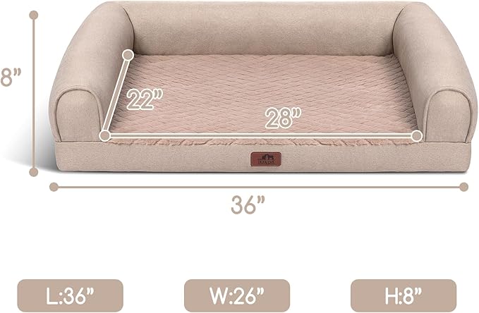 Hollypet Orthopedic Dog Bed for Large Dogs, Supportive Foam Pet Couch with Removable Washable Cover and Non-Slip Bottom, Waterproof Lining Sofa Bed, Khaki, L (36 * 26 * 8)