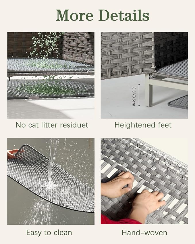 Cat Litter Box Enclosure Furniture with Divider, Handwoven Rattan Litter Box with Mat, 31.2 x 19.6 x 24.2 Inches, Metal Heightened Feet, Hidden Cat House for Living Room, Bedroom (Gray)