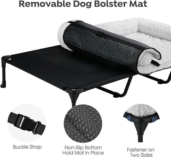 Veehoo Cooling Elevated Dog Bed Add Removable Deluxe Rose Plush Bolster Cushion Mat, 59" x 37" Washable Dog Couch Bed, Raised Pet Cot with Breathable Teslin Mesh, No-Slip Feet, Grey, CWC2439B