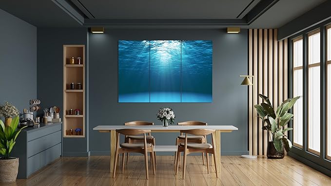 Nature Wall Art Prints - Ocean Forest Mountain Lake Canvas Landscapes - Small to Extra Large Living Room Bedroom Kitchen Bathroom Décor (Sun Rays Under Water, 47L" x 71W" - 3 panels)