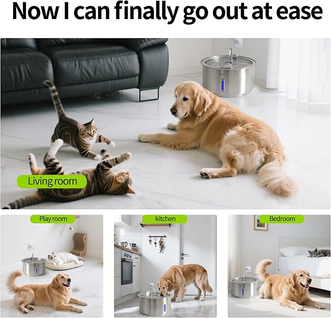 Large Dog Water Fountain, Petsamuse 11L/2.8Gal Automatic Circulating Stainless Steel Water Bowl Dispenser with 15 Replacement Filters, 2 Ultra Quiet Pumps, 2 Spray Modes and a Brush for Multi-Pet