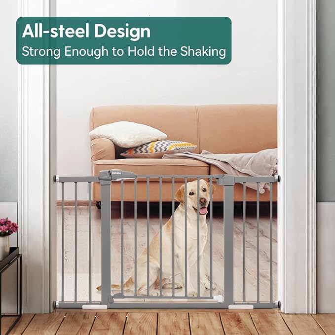 Babelio Metal Baby/Pet Gate, 29-48'' Auto Close Easy Install, Extra Wide Walk Thru for Child Safety, Pressure Mounted Dog Door for Doorways & Stairs, with Y Spindle Rods, Grey