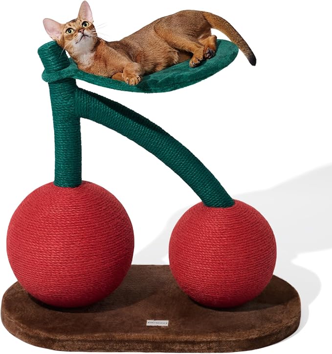 VETRESKA Cat Scratching Post, Large Cherry Cat Scratcher with Hammock, Tall Cat Scratch Interactive Toy with Natural Sisal Rope for Indoor Cats, Kittens