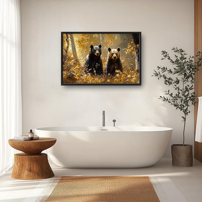 Large Forest Bear Wall Art for Living Room, Black Bear Autumn Canvas Oversized Wall Decor, Wildlife Framed Pictures Painting Print Artwork for Bedroom Office 36L" x 24W"