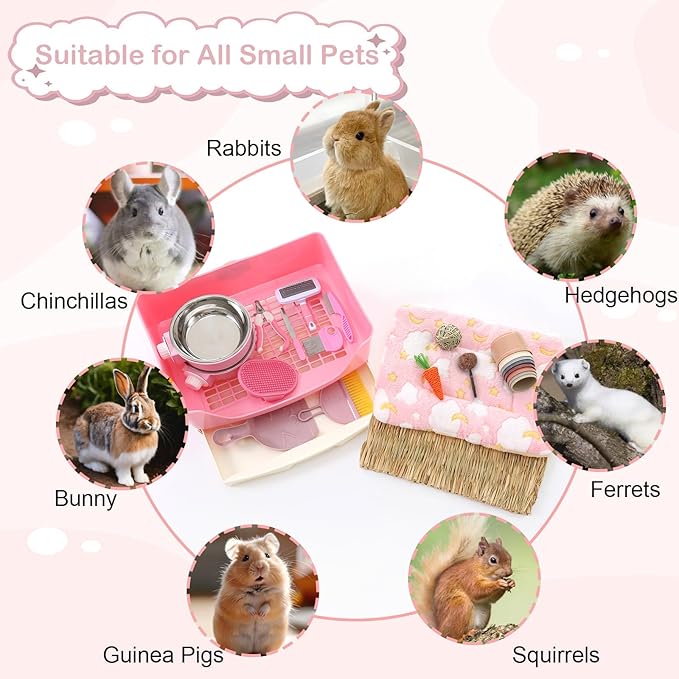 25 Pcs Large Rabbit Starter Kit, Bunny Litter Box with Drawer Animal Grooming Kit Stacking Cups Bowl Blankets Mat with Cleaning Set for Adult Guinea Pig, Ferret, Hamster, Bunnies Accessories (Pink)