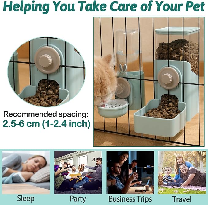 kathson Hanging Automatic Rabbit Pet Food and Water Dispenser, Auto Gravity Bunny Feeders for Cages, Detachable Self-Feeding Feeder and Waterer Set for Ferrets Chinchilla Hedgehog (Light Blue)